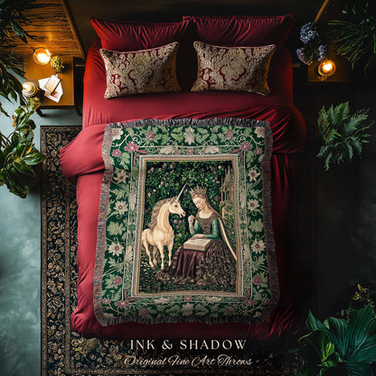 Whimsical Medieval Fantasy Throw Blanket | Rustic Storybook Cottagecore Coquette Regal Aesthetic Woven Tapestry Dark Royalcore Folklore |