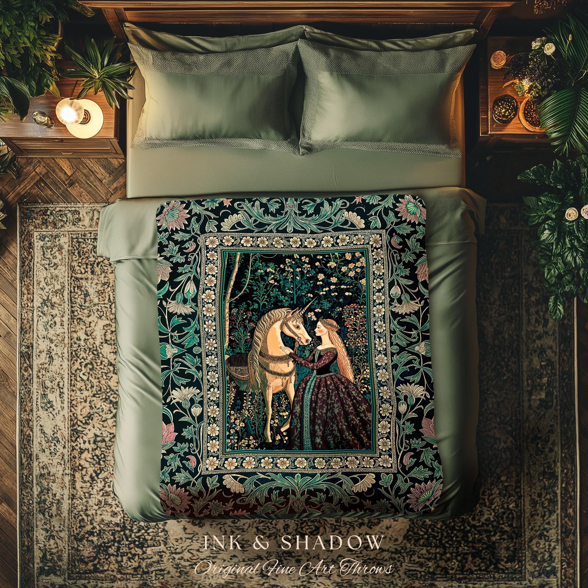 Nature Spirits Dark Botanical Throw Blanket | Fantasy Fairytale Bed Coverlet Medieval Gothic Decor Royalcore Princesscore Woven Tapestry |