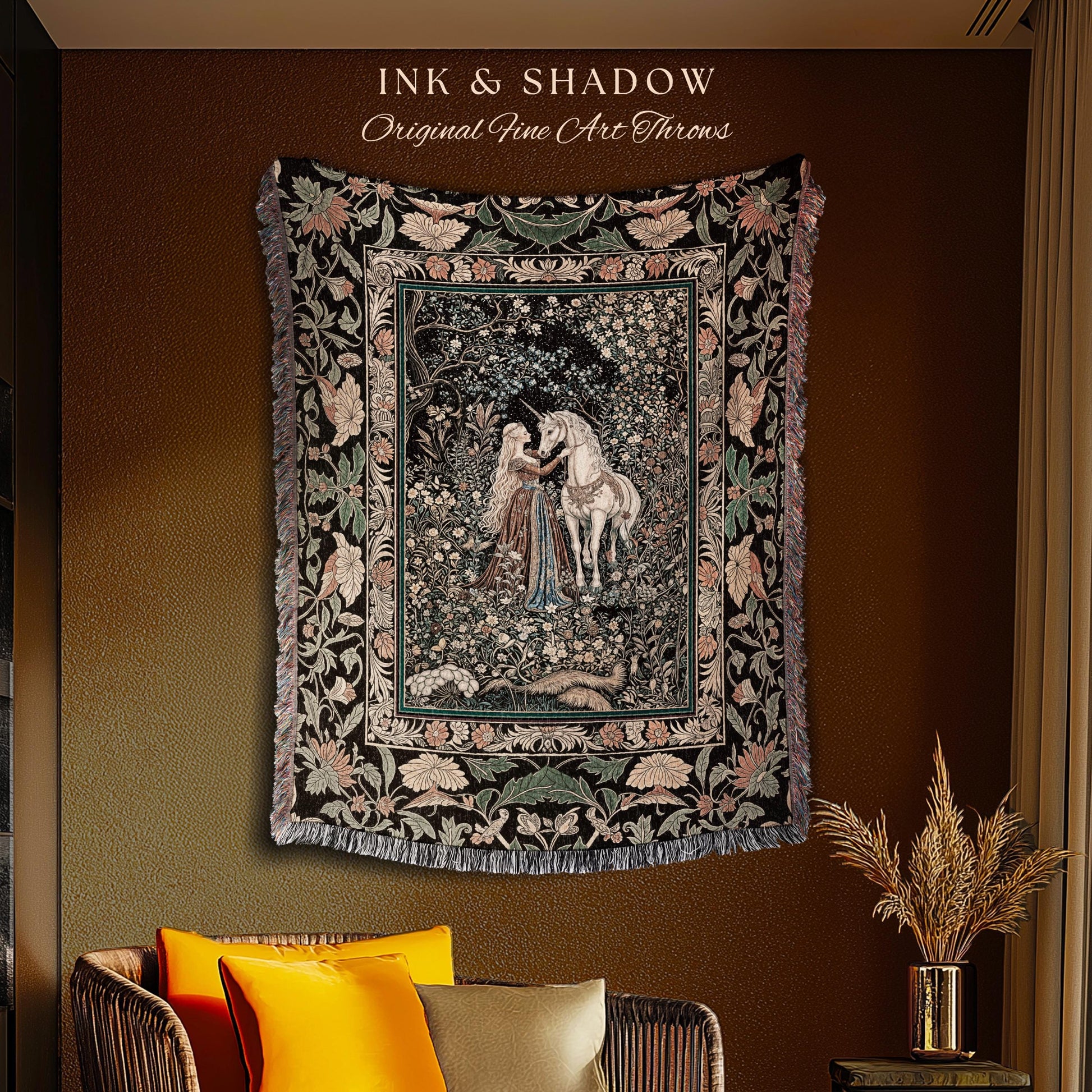 Magical Aesthetic Wildflower Throw Blanket | Ethereal Pastel Fairycore Mystic Medieval Woven Wall Tapestry Forest Spirits Dreamy Fairytale |