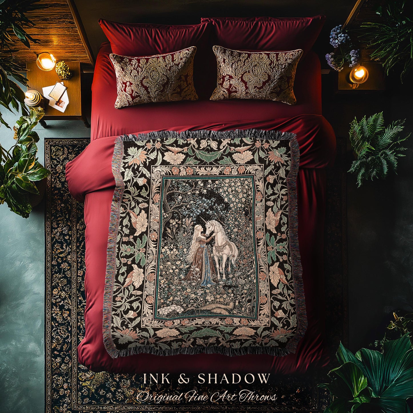 Magical Aesthetic Wildflower Throw Blanket | Ethereal Pastel Fairycore Mystic Medieval Woven Wall Tapestry Forest Spirits Dreamy Fairytale |