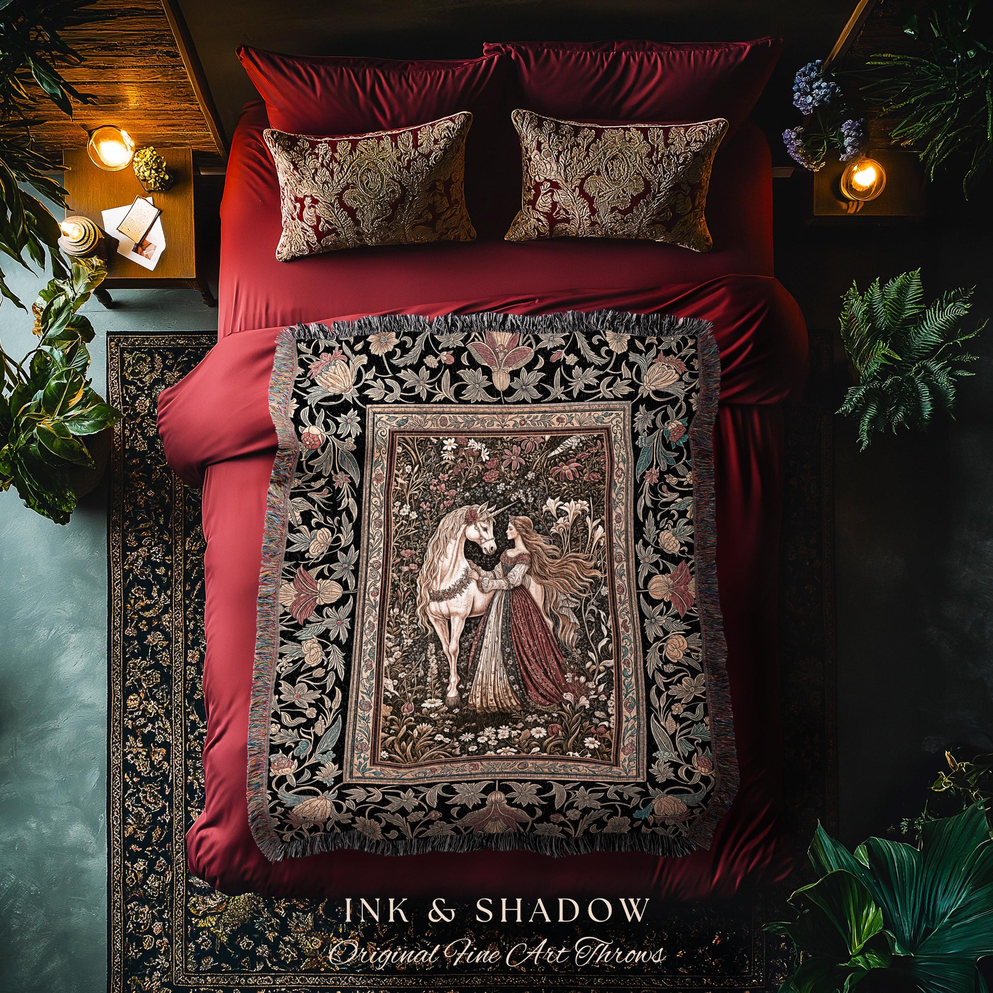 Enchanted Garden Princess Blanket | Mystical Cottagecore Royalcore Woven Tapestry Antique Fairytale Bedroom Soft Romantic Folklore Style |