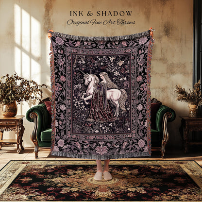 Pastel Whimsical Medieval Woven Tapestry | Enchanted Cottagecore Throw Blanket Romantic Goth Princess Bedroom Fairytale Regal Coquette Decor