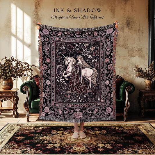 Pastel Whimsical Medieval Woven Tapestry | Enchanted Cottagecore Throw Blanket Romantic Goth Princess Bedroom Fairytale Regal Coquette Decor