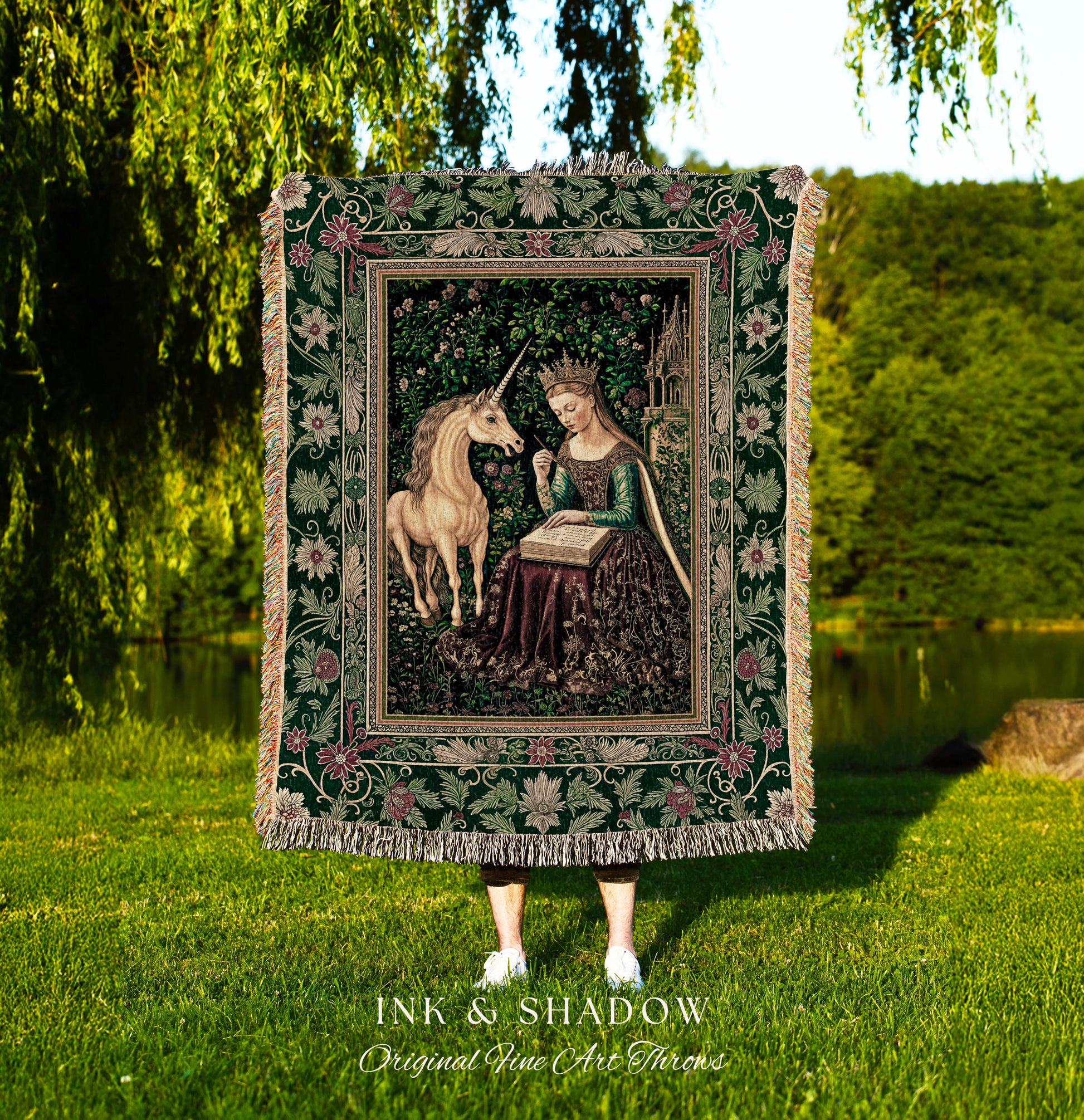 Whimsical Medieval Fantasy Throw Blanket | Rustic Storybook Cottagecore Coquette Regal Aesthetic Woven Tapestry Dark Royalcore Folklore |