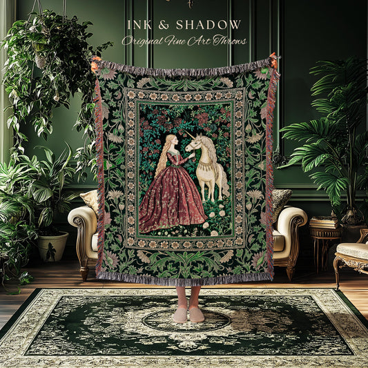 Emerald Magic Ethereal Cottagecore Throw Blanket | Romantic Fairytale Decor Woven Tapestry Dark Rococo Princess Bedroom Gothic Storybook |