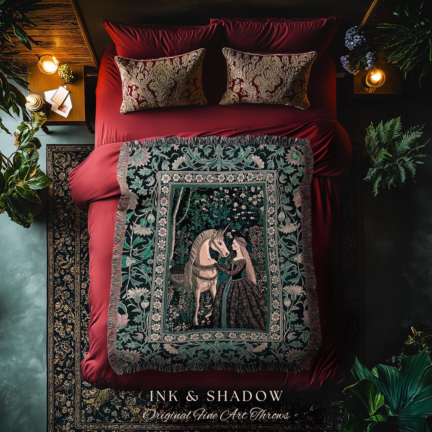 Nature Spirits Dark Botanical Throw Blanket | Fantasy Fairytale Bed Coverlet Medieval Gothic Decor Royalcore Princesscore Woven Tapestry |