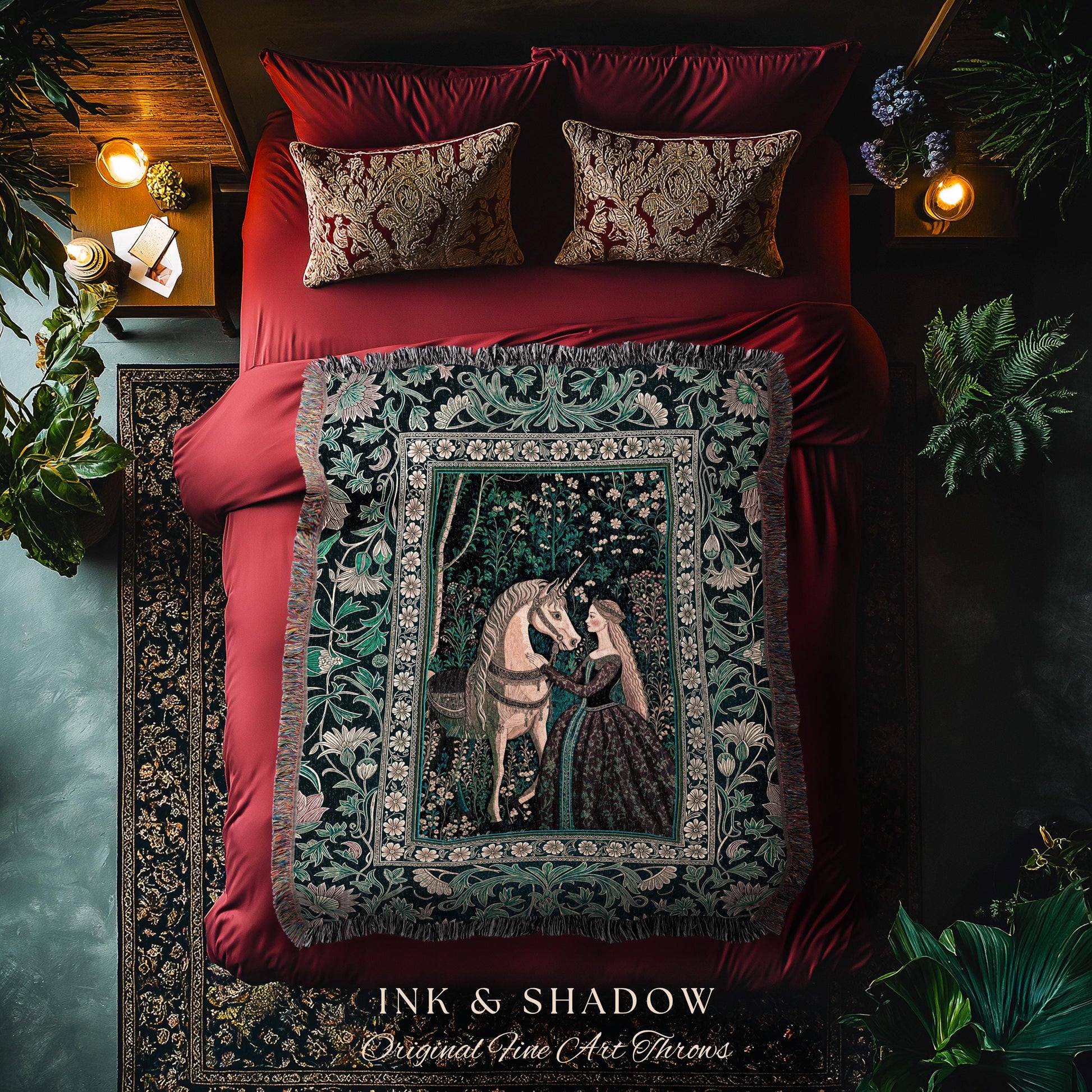 Nature Spirits Dark Botanical Throw Blanket | Fantasy Fairytale Bed Coverlet Medieval Gothic Decor Royalcore Princesscore Woven Tapestry |