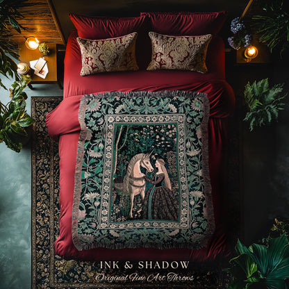 Nature Spirits Dark Botanical Throw Blanket | Fantasy Fairytale Bed Coverlet Medieval Gothic Decor Royalcore Princesscore Woven Tapestry |