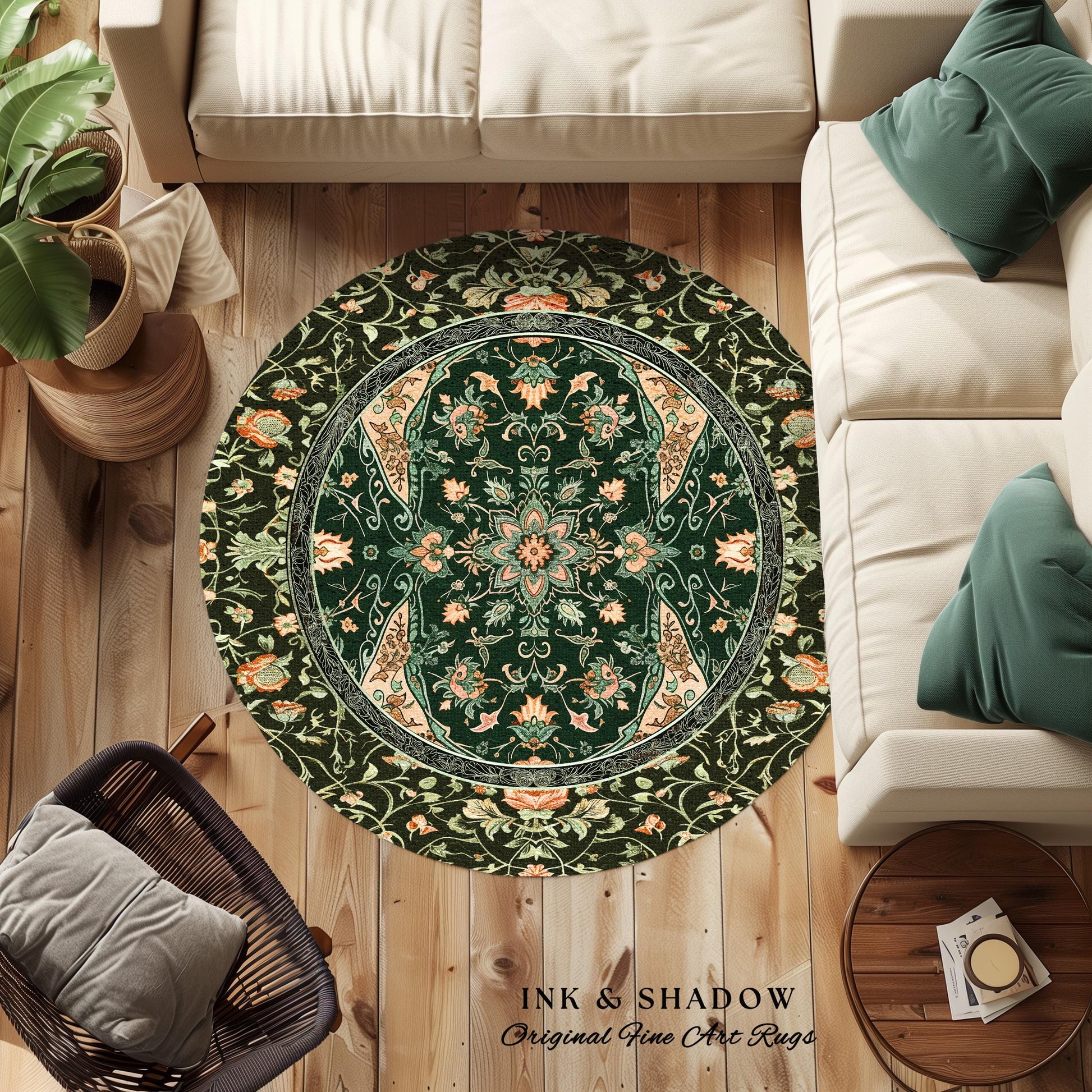 Elegant Sea Green Round Area Rug | Classic Ornate Statement Rug with Fine Emerald Green Detail Peachy Accent Bohemian Aesthetic for Bedroom