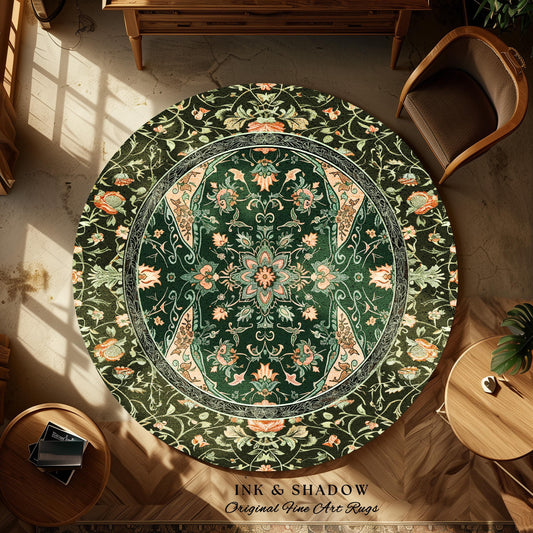 Elegant Sea Green Round Area Rug | Classic Ornate Statement Rug with Fine Emerald Green Detail Peachy Accent Bohemian Aesthetic for Bedroom