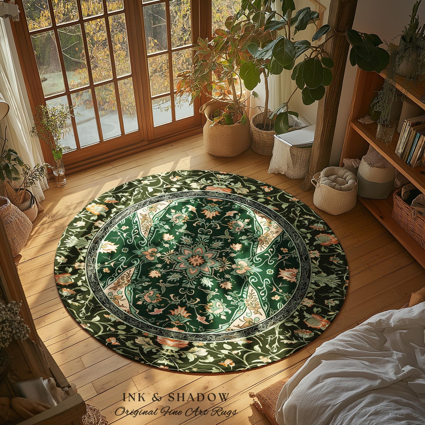 Elegant Sea Green Area Rug | Classic Ornate Statement Rug with Fine Emerald Green Detail Peachy Accent Bohemian Aesthetic for Cozy Bedroom |