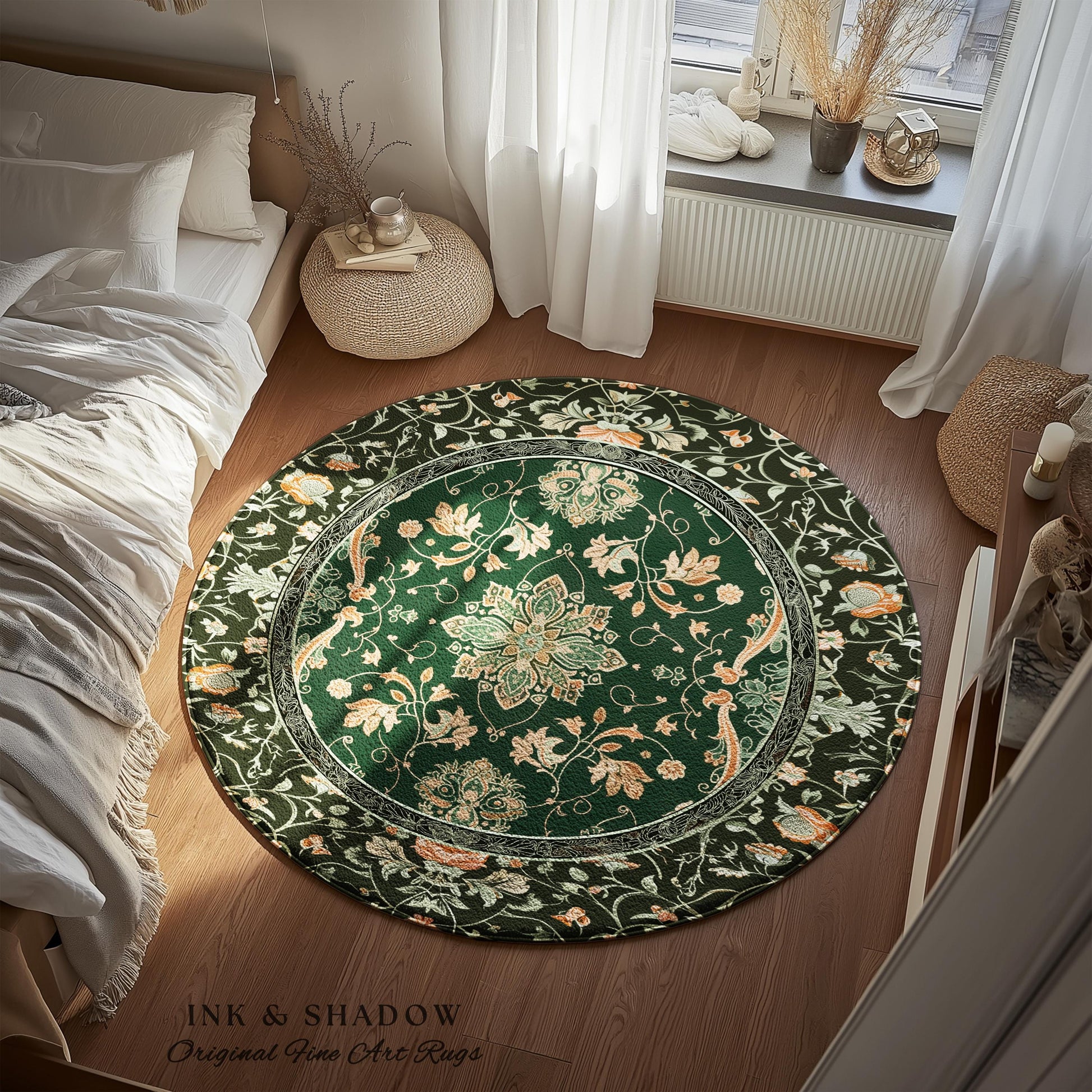 Mystic Cottagecore Round Accent Rug | Hippie Rug with Emerald Green Detail Beige Boho Aesthetic for Housewarming Gift Vibrant Colors Decor