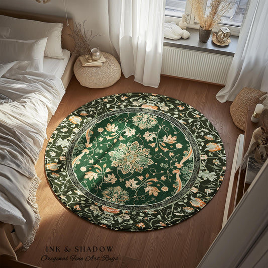 Mystic Cottagecore Round Accent Rug | Hippie Rug with Emerald Green Detail Beige Boho Aesthetic for Housewarming Gift Vibrant Colors Decor