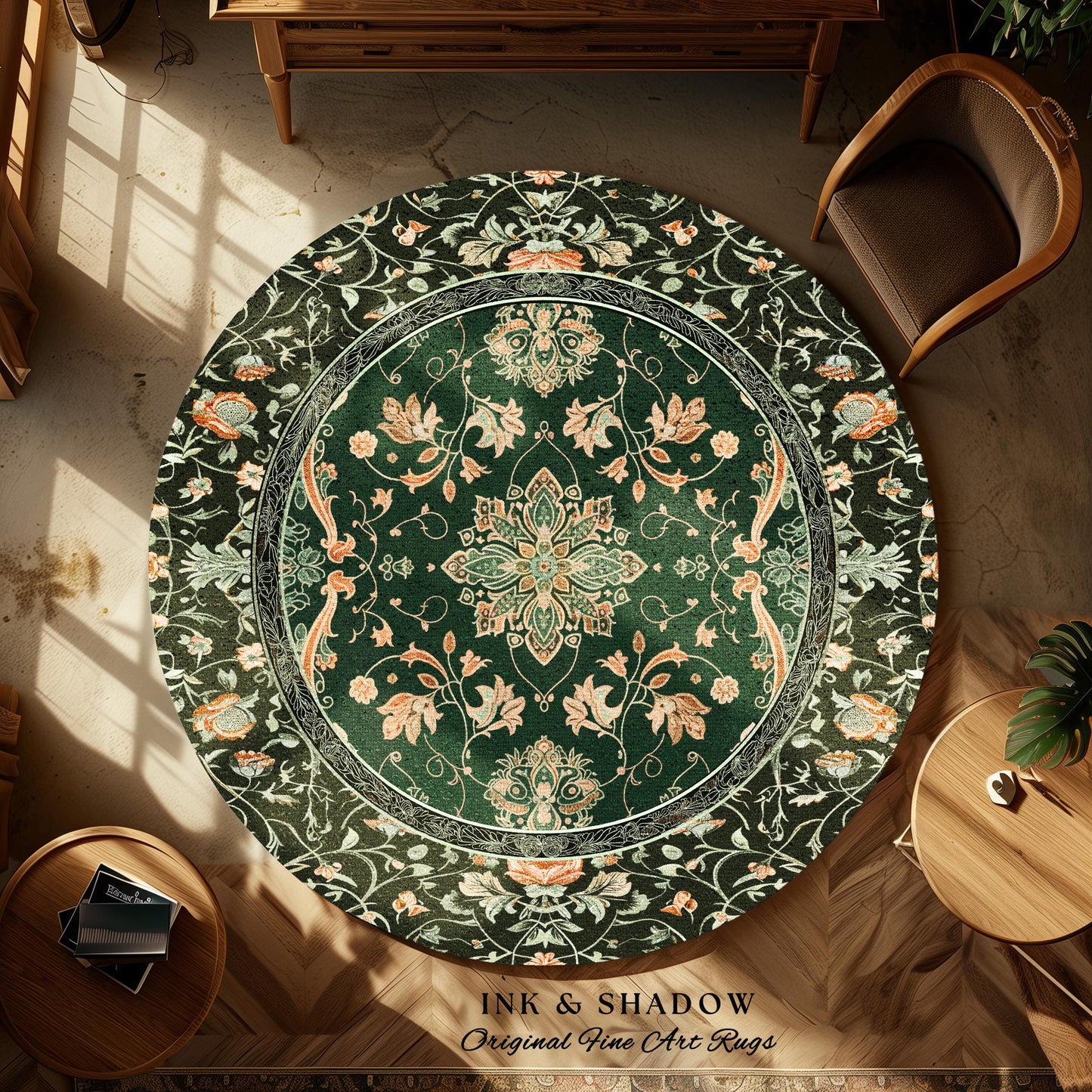 Mystic Cottagecore Round Accent Rug | Hippie Rug with Emerald Green Detail Beige Boho Aesthetic for Housewarming Gift Vibrant Colors Decor
