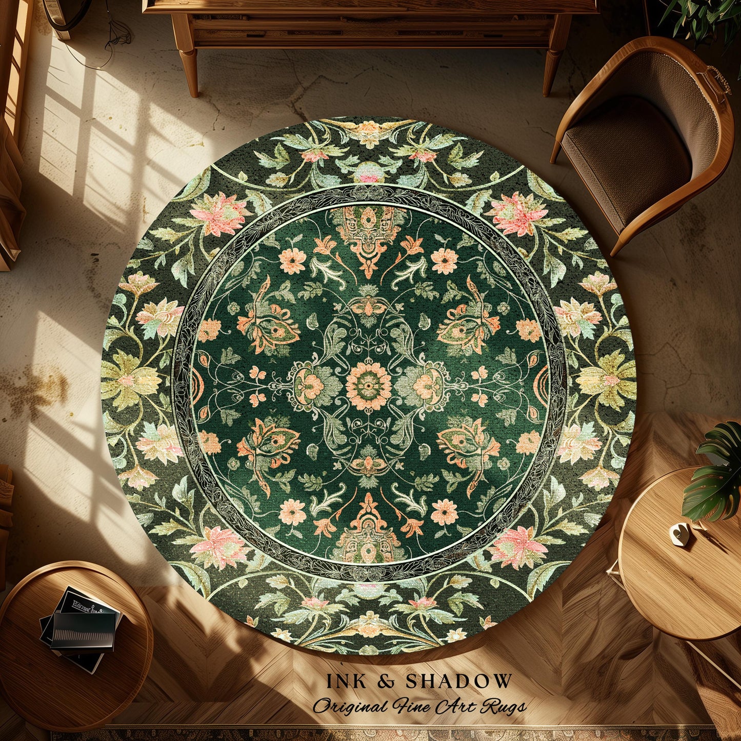 Ornate Emerald Green Accent Rug | Bohemian Style Cottagecore Area Rug Hippie Aesthetic Forest Green Detail Vibrant Color Bedroom Decor Retro