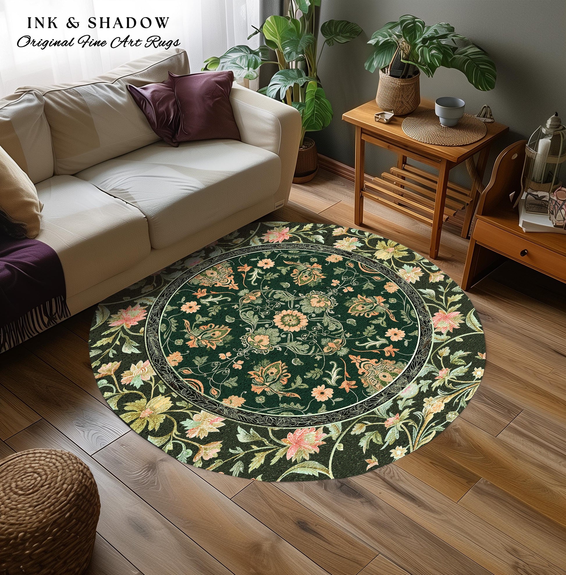 Ornate Emerald Green Round Accent Rug | Bohemian Style Cottagecore Area Rug Hippie Aesthetic Forest Green Detail Vibrant Color Bedroom Decor