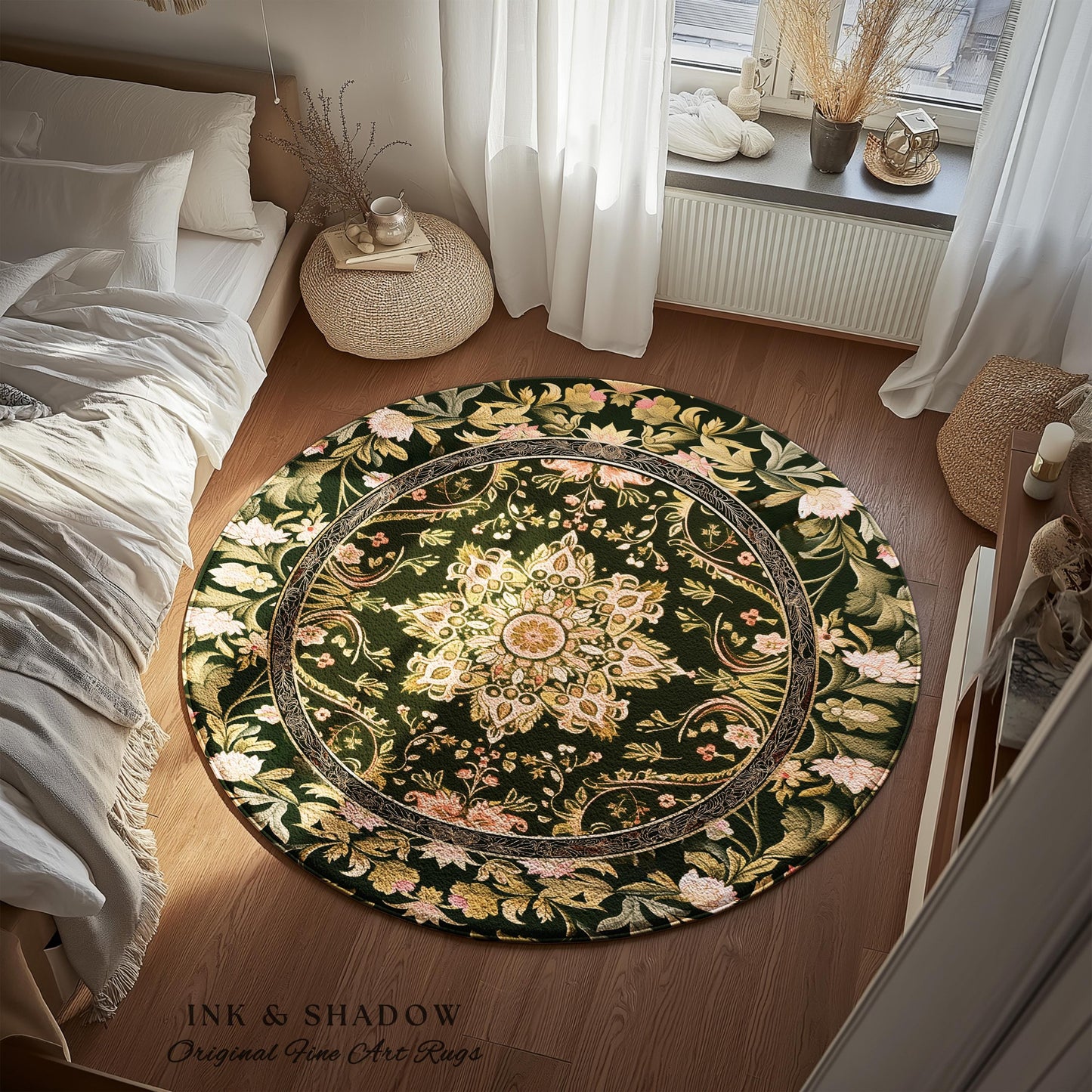 Pastel Botanicals Elegant Round Area Rug | Bohemian Ornate Cottagecore Baroque Home Accent Rug Whimsical Bohemian Floral Elegance Art Deco