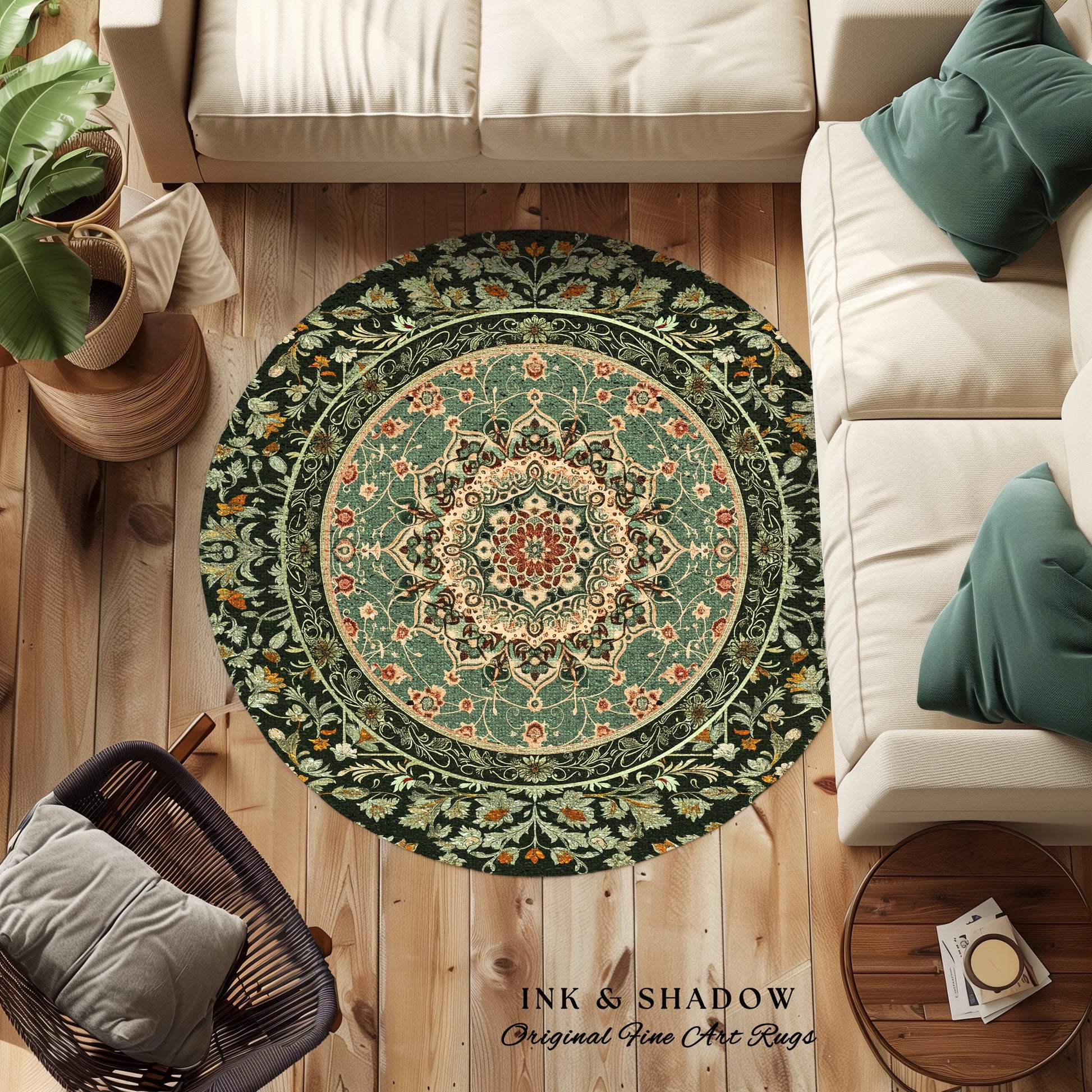 Folklore Aesthetic Living Room Rug | Classic Ornate Victorian Rug with Seafoam Green Detail Accent Bohemian Aesthetic for Cozy Reading Nook