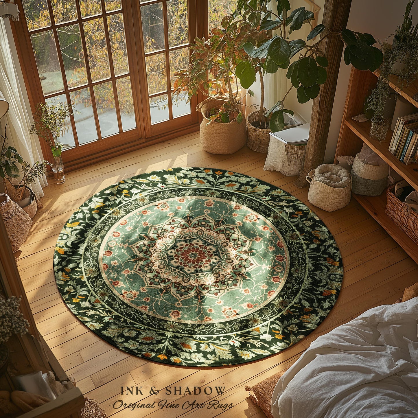 Folklore Aesthetic Living Room Rug | Classic Ornate Victorian Rug with Seafoam Green Detail Accent Bohemian Aesthetic for Cozy Reading Nook
