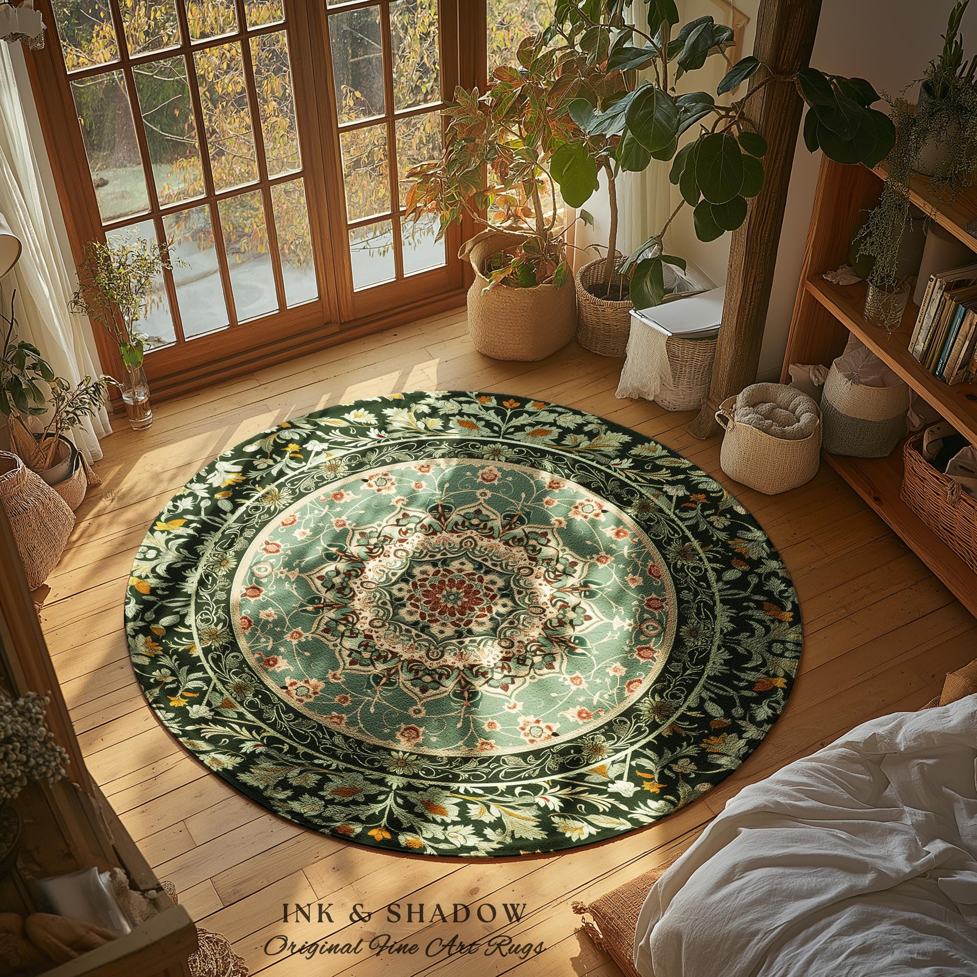 Folklore Aesthetic Living Room Rug | Classic Ornate Victorian Rug with Seafoam Green Detail Accent Bohemian Aesthetic for Cozy Reading Nook