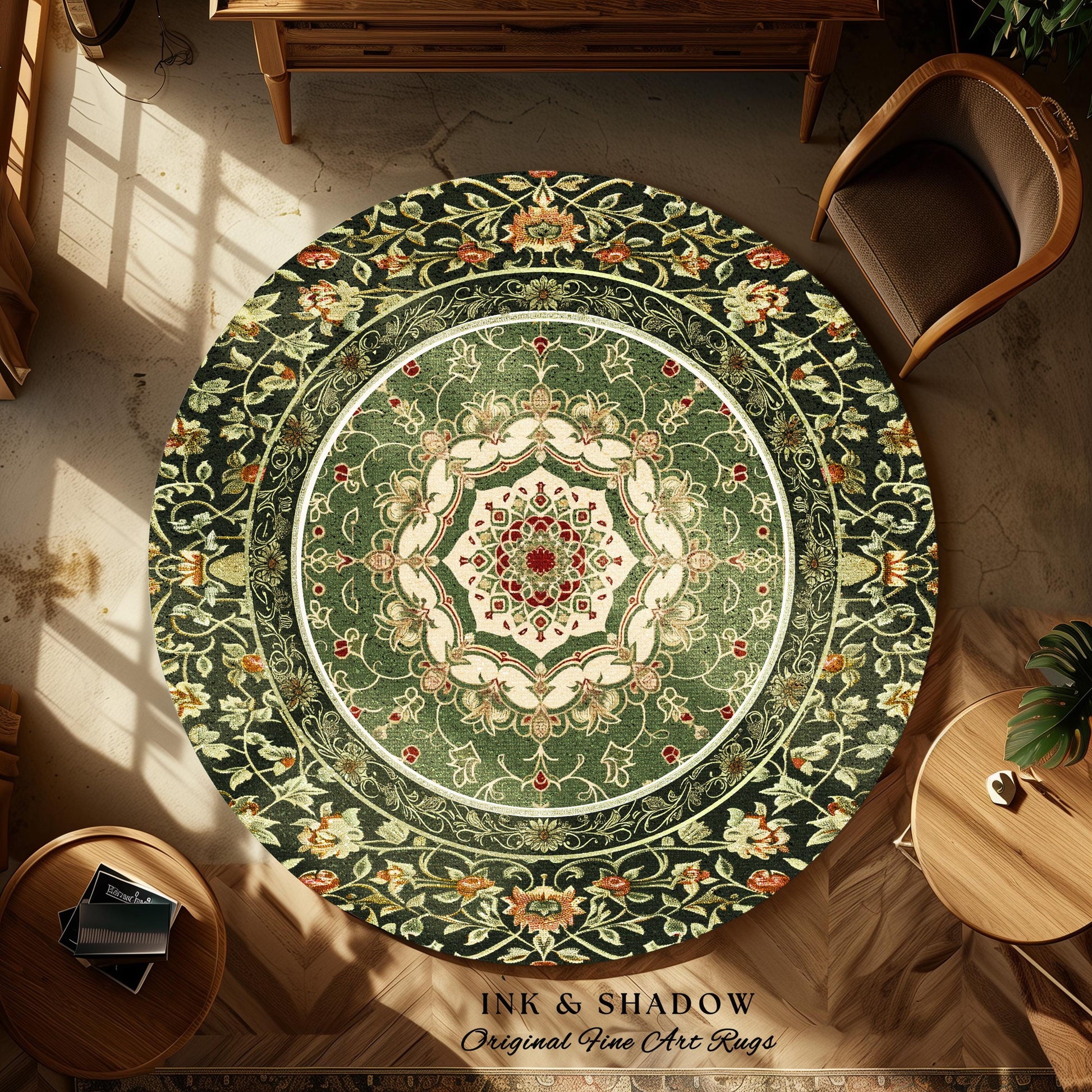 Boho Olive Green Round Floor Rug | Classic Ornate Victorian Rug With Sage Green Detail Accent Bohemian Aesthetic For Cozy Reading Nook Boho