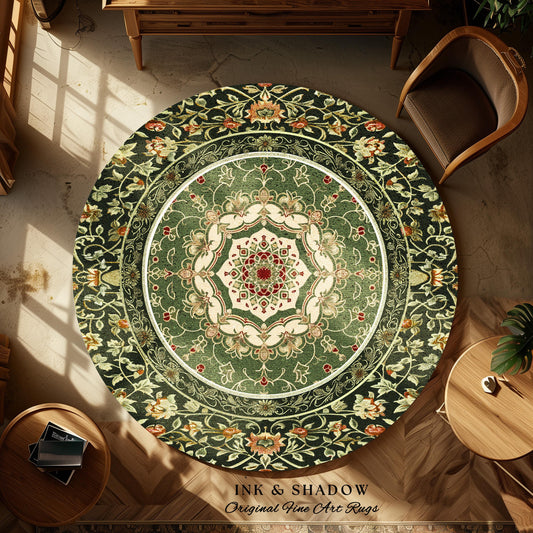 Boho Olive Green Round Floor Rug | Classic Ornate Victorian Rug With Sage Green Detail Accent Bohemian Aesthetic For Cozy Reading Nook Boho