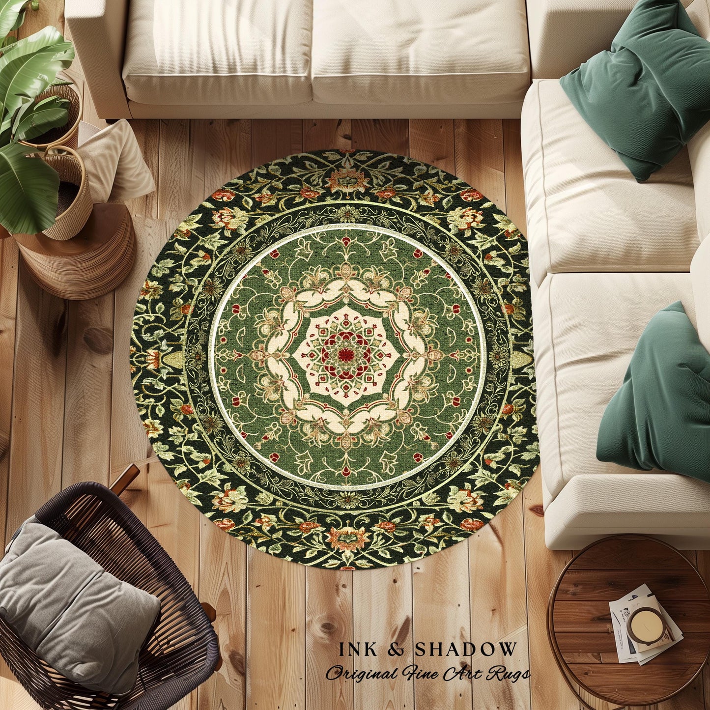 Boho Olive Green Round Floor Rug | Classic Ornate Victorian Rug With Sage Green Detail Accent Bohemian Aesthetic For Cozy Reading Nook Boho