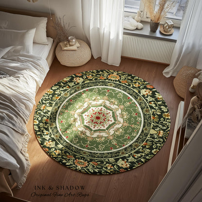 Boho Olive Green Round Floor Rug | Classic Ornate Victorian Rug With Sage Green Detail Accent Bohemian Aesthetic For Cozy Reading Nook Boho