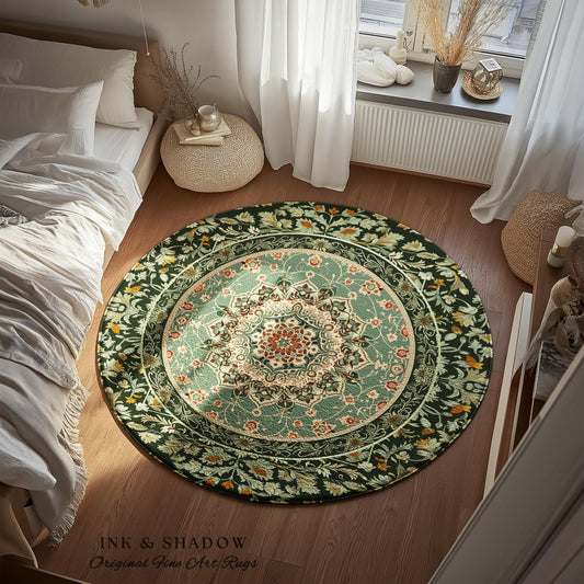 Folklore Aesthetic Round Living Room Rug | Classic Ornate Victorian Rug with Seafoam Green Detail Accent Bohemian Aesthetic Reading Nook |