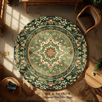 Ornate Floral Medallion Sage Green Round Rug Antique Persian Style Ethereal Botanical Elegance, Vintage Victorian Gothic Cottagecore Unique