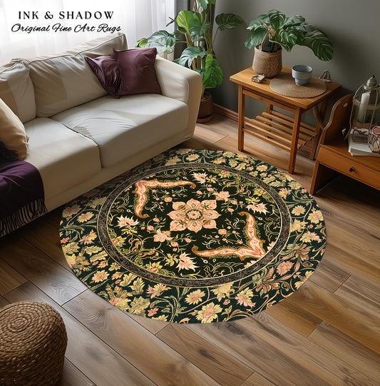 Baroque Elegance Ornate Round Accent Rug | Whimsical Bohemian Area Rug Classical Ornamental Style Victorian Floral Elegance Art Deco Bedroom