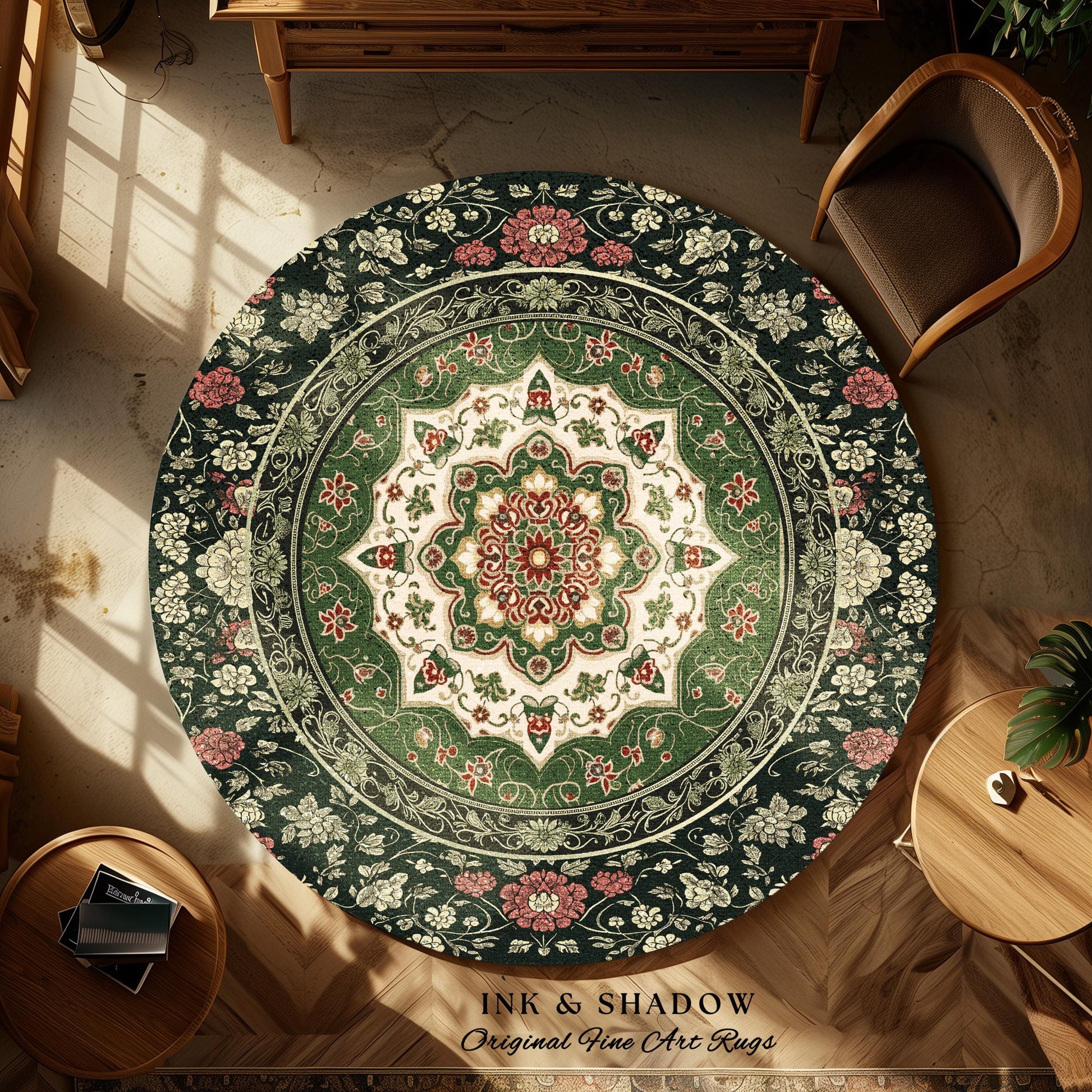 Jade Green Round Statement Rug | Classic Ornate Victorian Rug with Green Detail Peachy Accent Bohemian Aesthetic for Cozy Reading Nook Boho