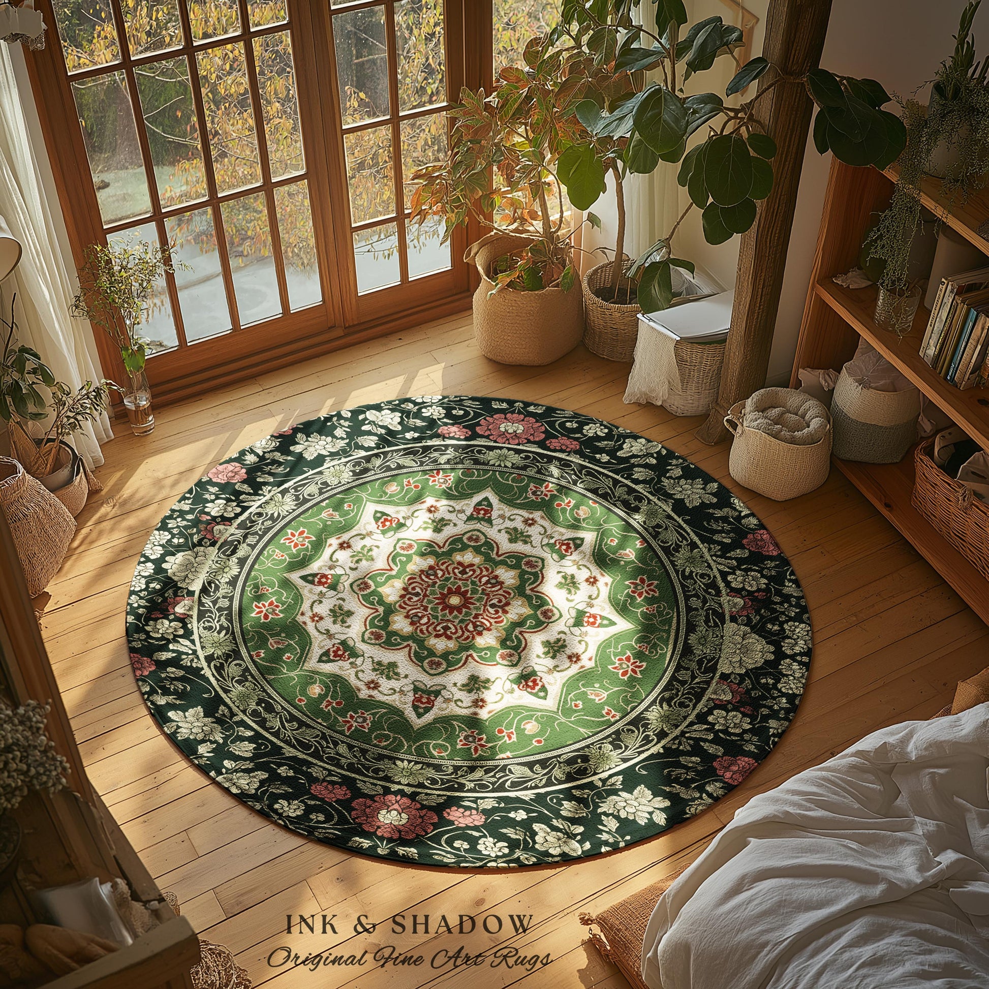 Jade Green Statement Rug | Classic Ornate Victorian Rug with Green Detail Peachy Accent Bohemian Aesthetic for Cozy Reading Nook Boho Design