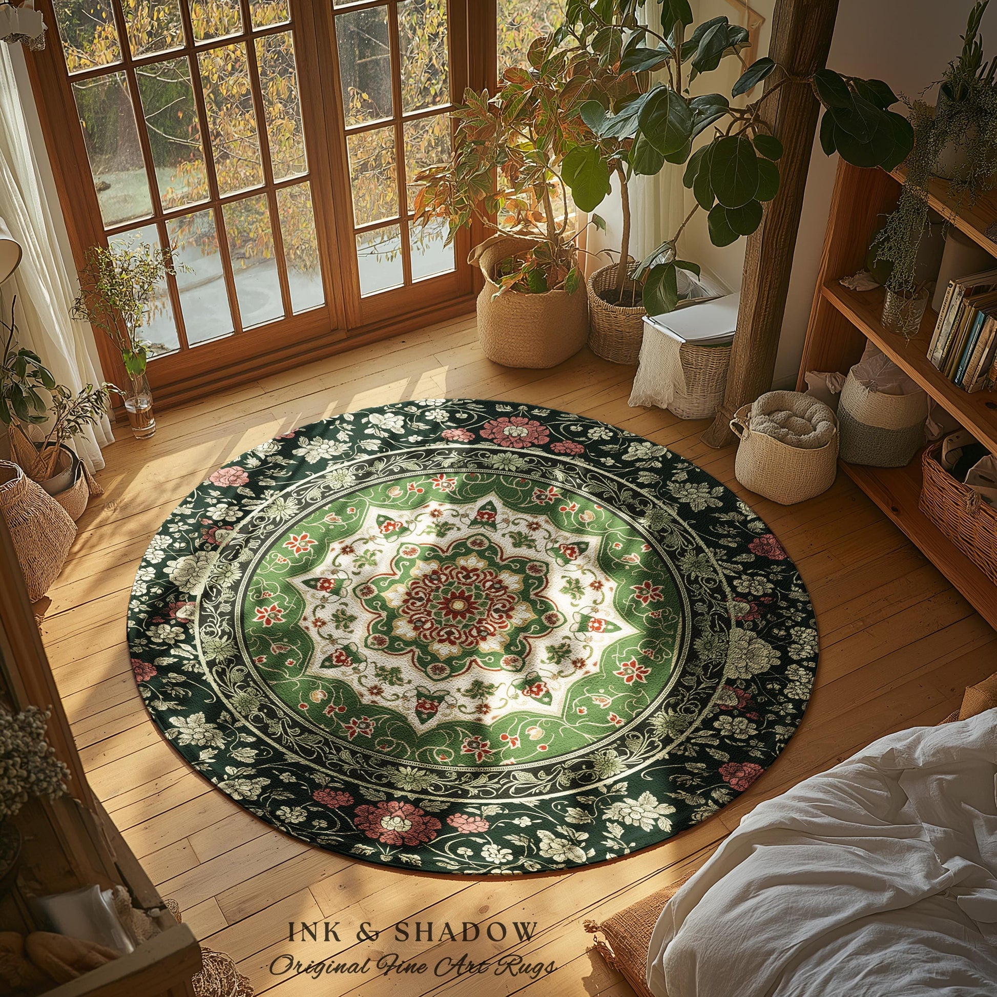 Jade Green Round Statement Rug | Classic Ornate Victorian Rug with Green Detail Peachy Accent Bohemian Aesthetic for Cozy Reading Nook Boho