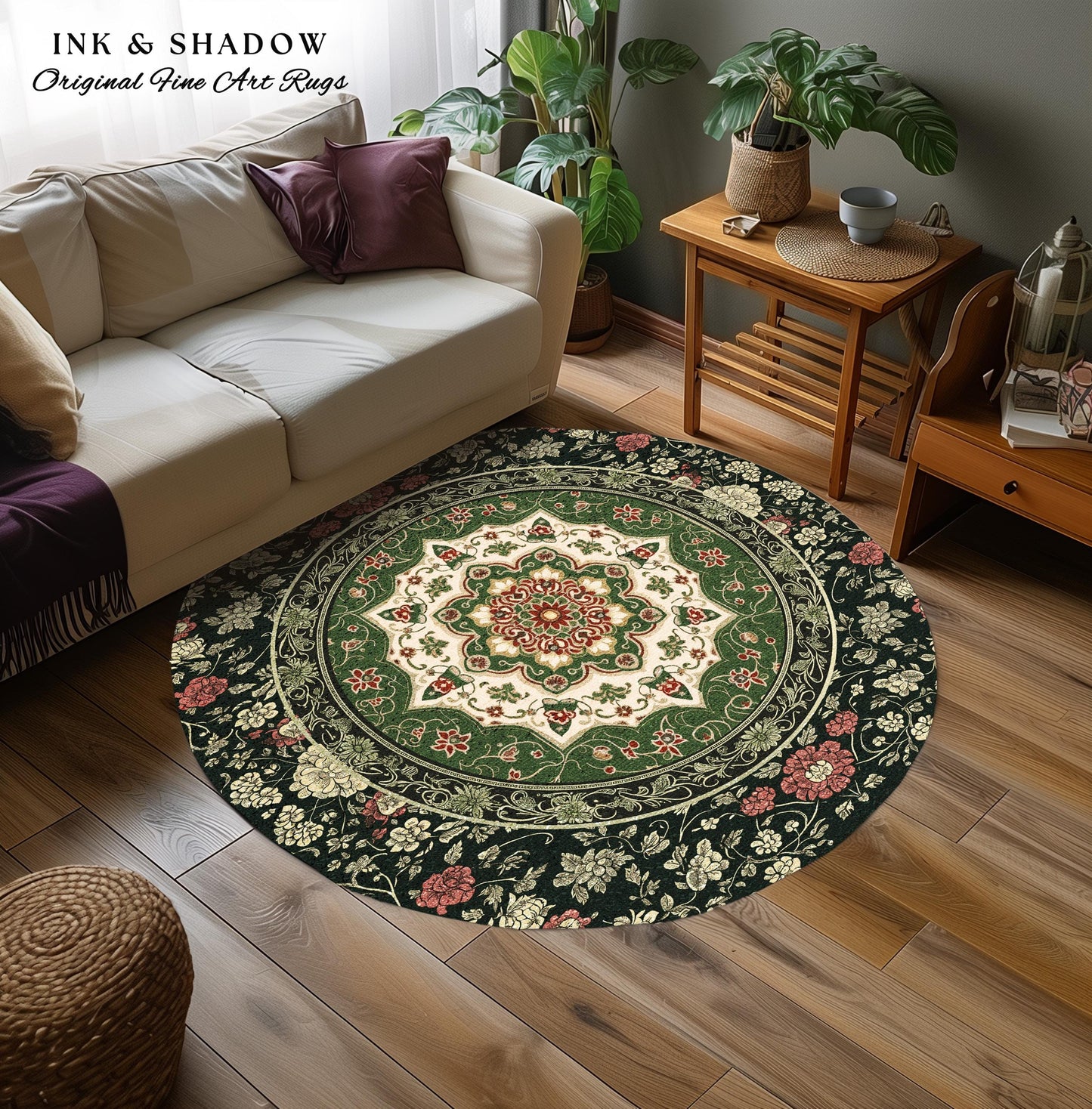 Jade Green Statement Rug | Classic Ornate Victorian Rug with Green Detail Peachy Accent Bohemian Aesthetic for Cozy Reading Nook Boho Design