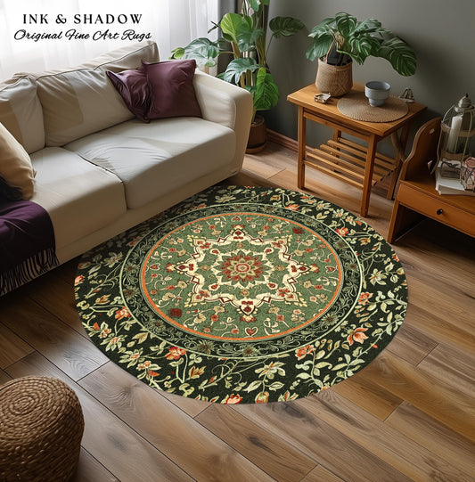 Ornate Floral Medallion Sage Green Round Rug Antique Persian Style Ethereal Botanical Elegance, Vintage Victorian Gothic Cottagecore Unique