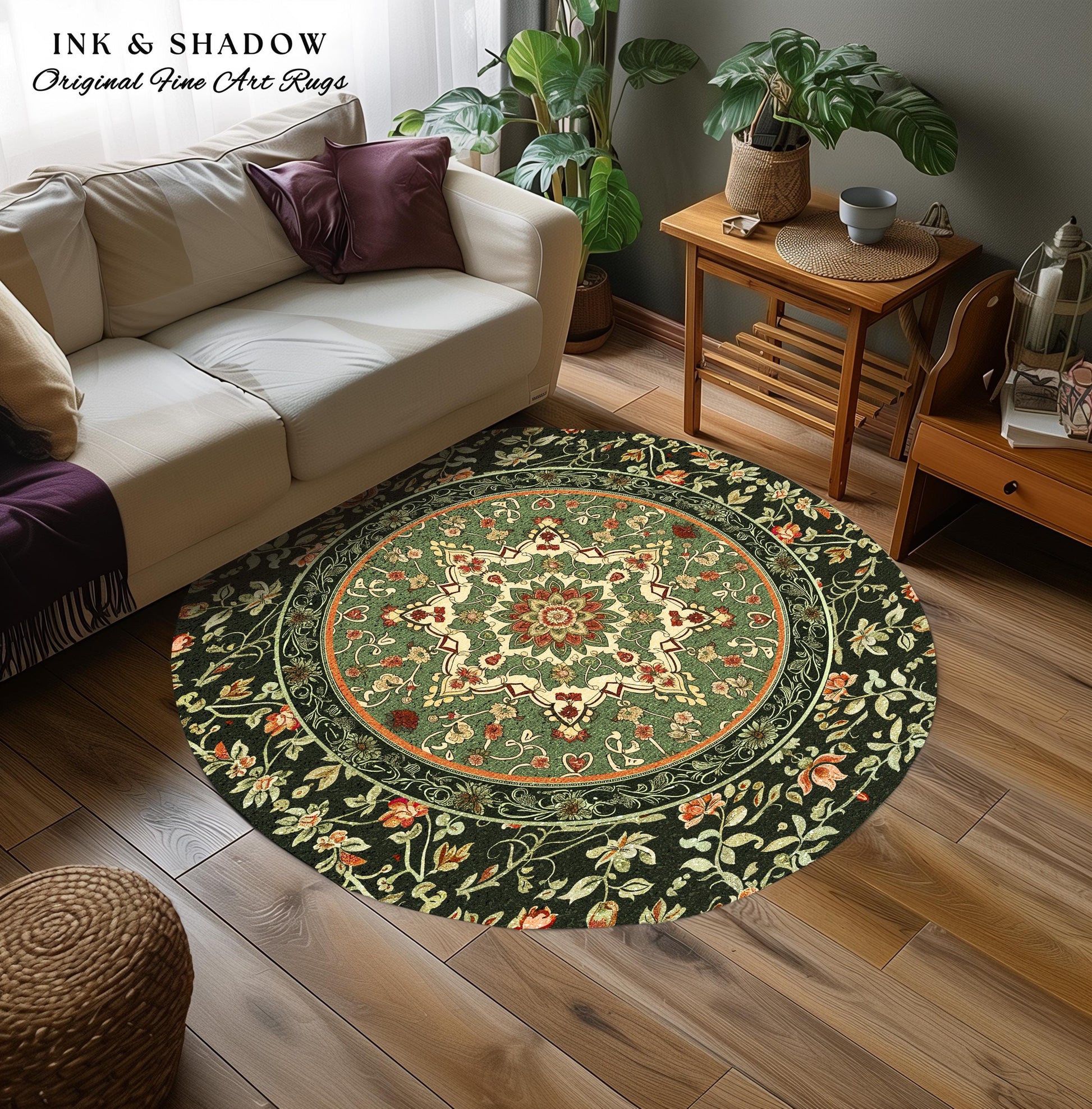 Ornate Floral Medallion Sage Green Round Rug Antique Persian Style Ethereal Botanical Elegance, Vintage Victorian Gothic Cottagecore Unique