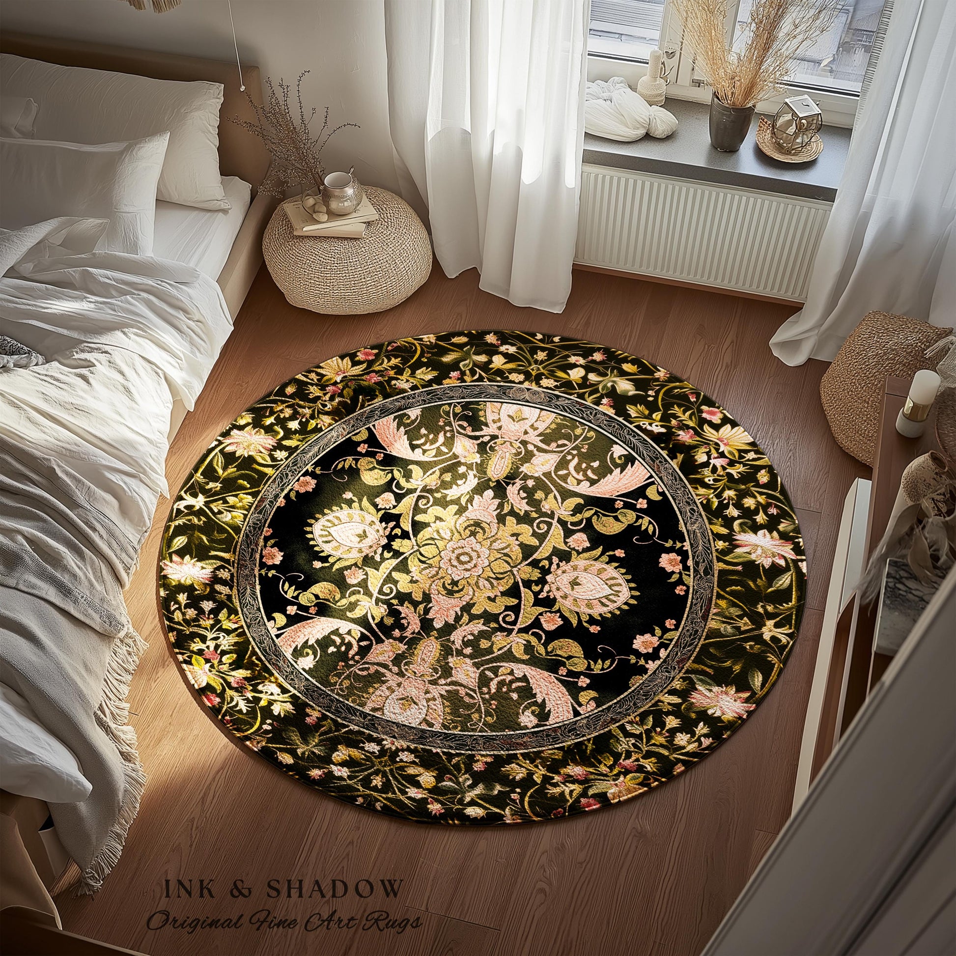 Modern Royal Aesthetic Round Area Rug | Ethereal Florals Pastel Whimsical Cottagecore Trendy Dark Academia Home Accent Rug Bohemian Retro