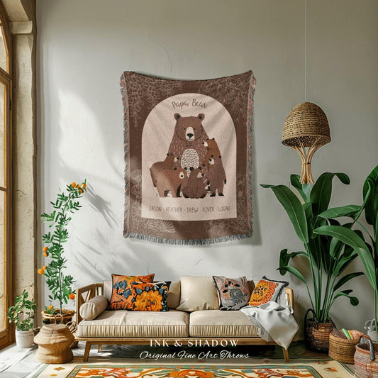Custom Papa Bear Dad Blanket Keepsake Fathers Day Blanket Family Dad Gift From Daughter Son Personalized Woven Throw Gift with Kids Names