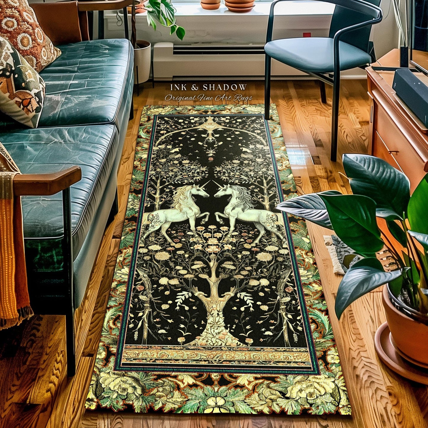 May include: A dark-green, black, and gold tapestry-style rug features two unicorns flanking a tree of life motif.  The rug has a long, rectangular shape suitable for a hallway or entryway.  The text &#39;INK & SHADOW Original Fine Art Rugs&#39; is visible. The design is intricate and detailed, with floral elements and a medieval aesthetic. The rug&#39;s border is a rich gold and green, contrasting with the darker center.  The overall style is elegant and whimsical.