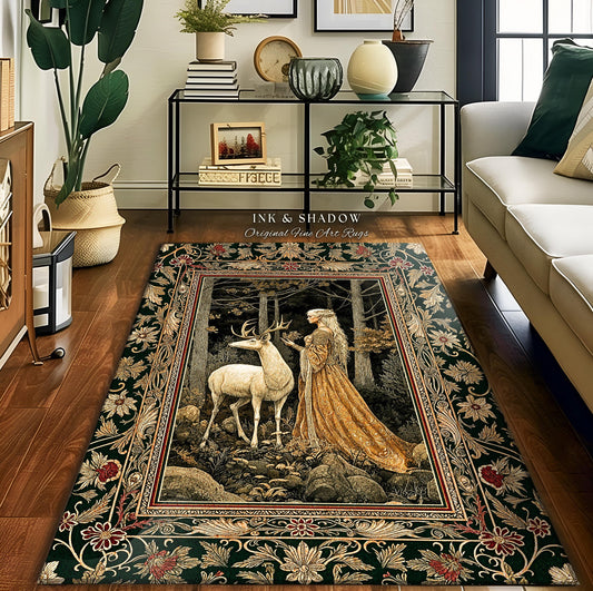 May include: A green and black area rug with a floral border. The center of the rug features a woman in a gold dress standing in a forest with a white deer. The rug has the text &#39;Ink & Shadow Original Fine Art Rugs&#39; in the top center.