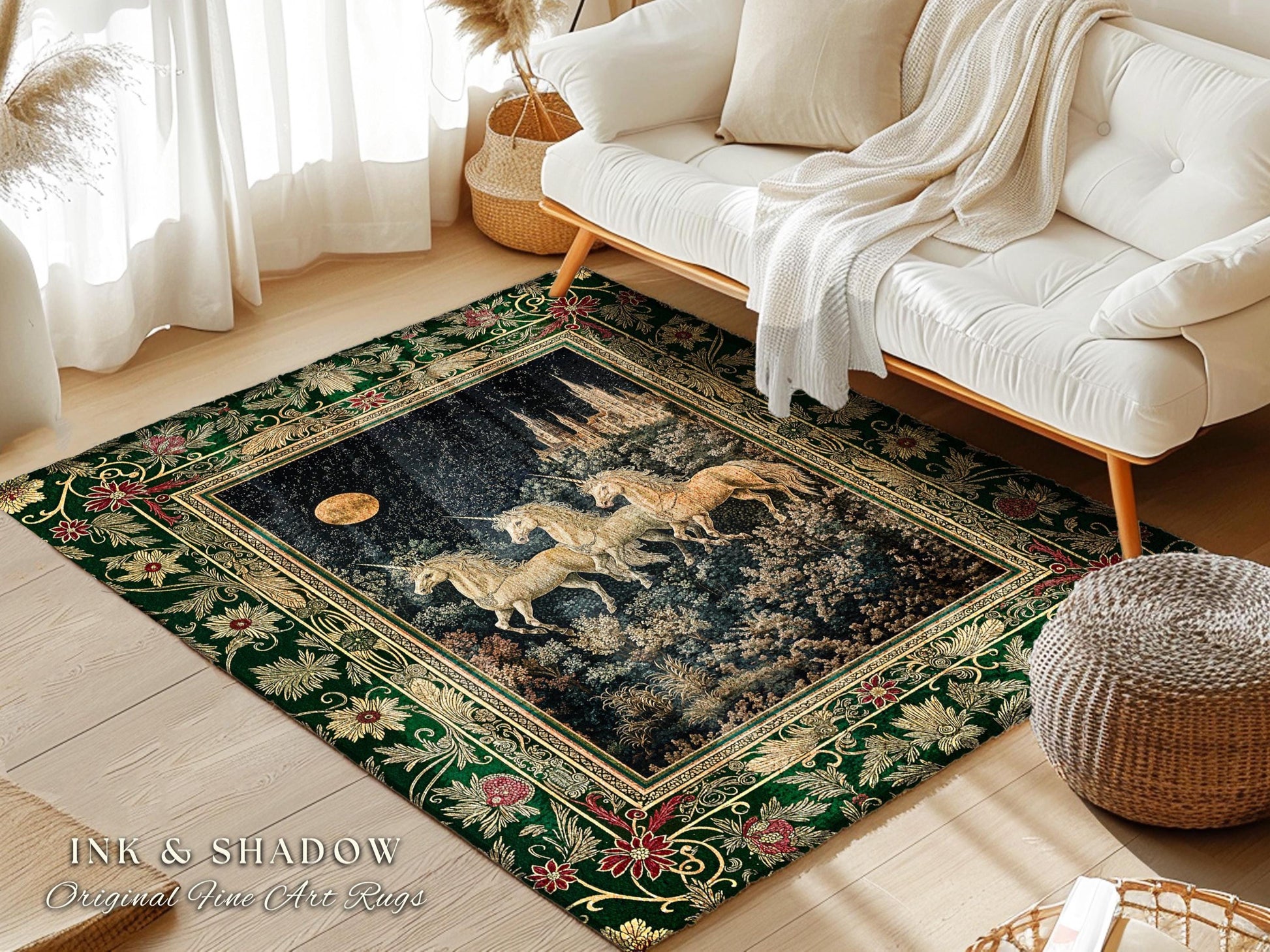 Fairytale Theme Moonlit Ethereal Rug | Unicorn Royalcore Accent Rug Castle Aesthetic Dreamy Bedroom Baroque Home Accent Gothic Art Area Rug
