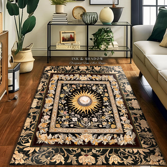 Divine Aesthetic Sun and Moon Rug | Magical Astrology Celestial Whimsigothic Boho Bedroom Decor Mystic Magic Maximalist Accent Rug Witchy |