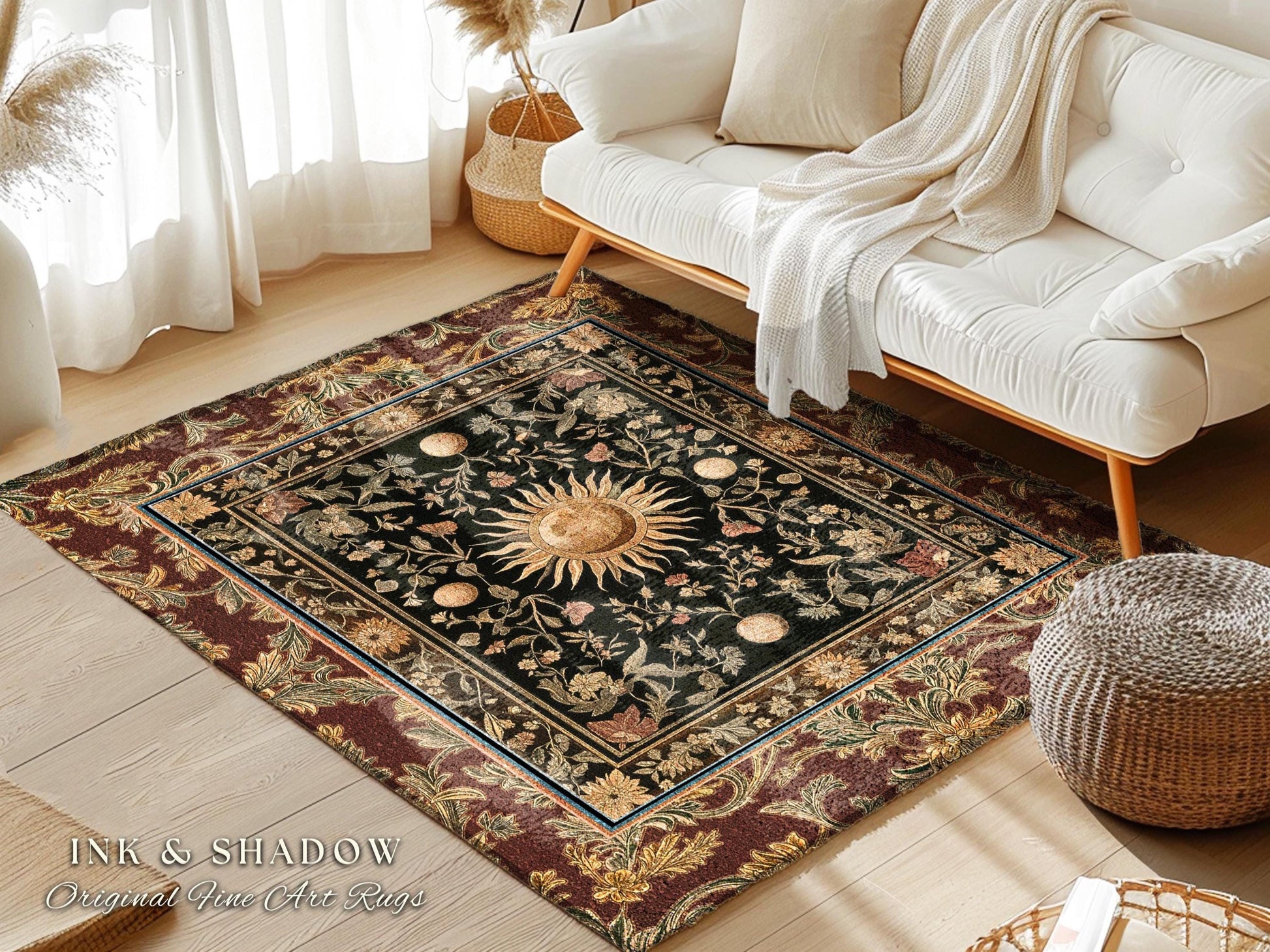 Regal Rococo Skies Celestial Area Rug | Enchanted Celestial Witchy Astrology Boho Maximalist Decor Sun and Moon Tarot Inspired Gothic Accent