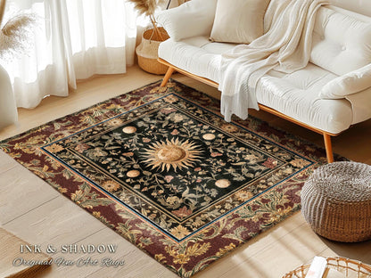 Regal Rococo Skies Celestial Area Rug | Enchanted Celestial Witchy Astrology Boho Maximalist Decor Sun and Moon Tarot Inspired Gothic Accent
