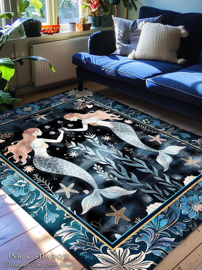 Mystical Midnight Blue Mermaid Rug Floral Oceanic Decor, Art Nouveau Coastal Cottagecore Whimsical Sea Nymph Enchanted Nautical Fantasy Rug