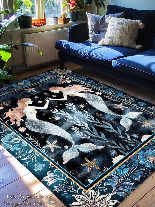 Mystical Midnight Blue Mermaid Rug Floral Oceanic Decor, Art Nouveau Coastal Cottagecore Whimsical Sea Nymph Enchanted Nautical Fantasy Rug