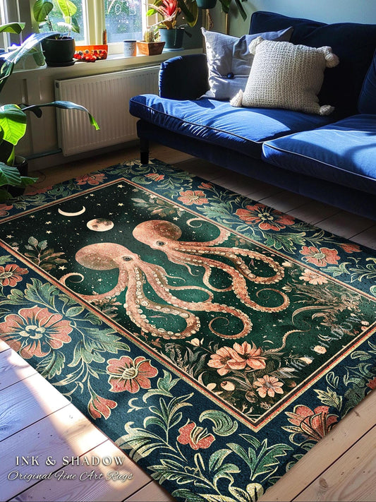 Celestial Octopus Whimsical Area Rug | Ethereal Sea Life Eclectic Accent Rug Magical Underwater Theme Ocean Aesthetic Whimsigothic Nautical