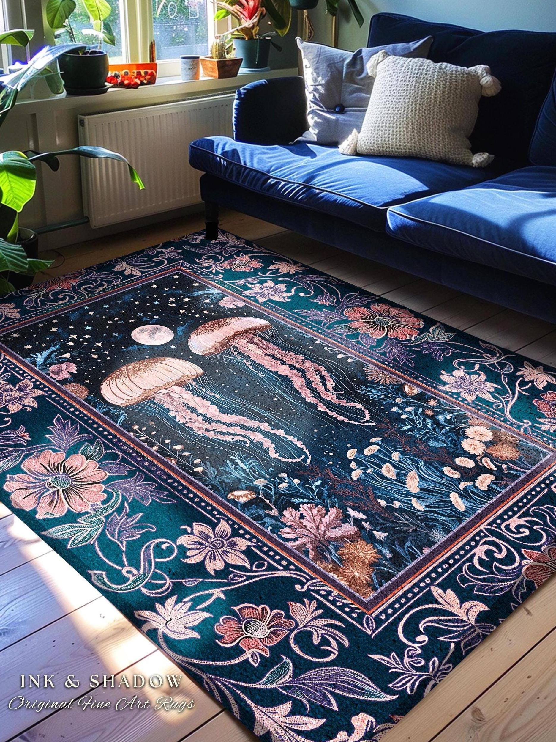 Victorian Gothic Jellyfish Underwater Sea Scene Rug Celestial Costal Cottagecore Enchanted Whimsigothic Art Vintage Purple Dark Floral Decor