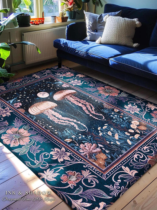 Victorian Gothic Jellyfish Underwater Sea Scene Rug Celestial Costal Cottagecore Enchanted Whimsigothic Art Vintage Purple Dark Floral Decor
